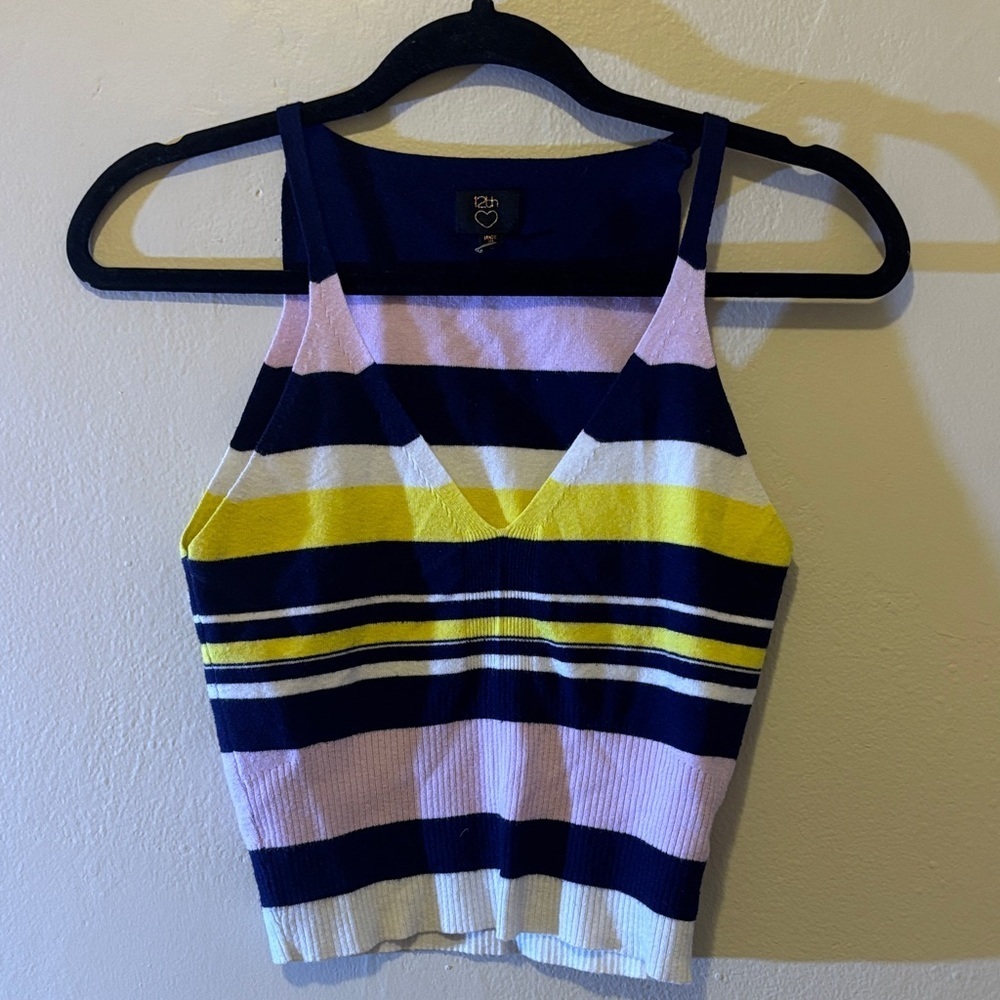 Striped V-Neck Crop Top in Navy, Yellow, and Pink